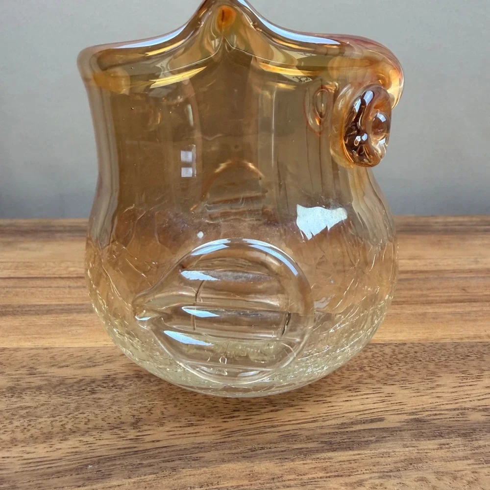 Vintage‎ Amber Crackle Glass Owl Votive Holder Yellow Iridescent Bird 4 inch